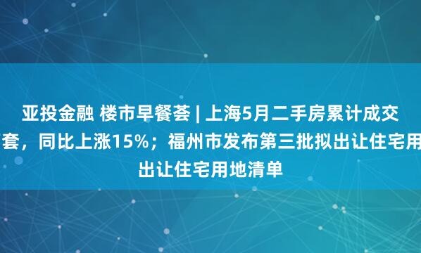 亚投金融 楼市早餐荟 | 上海5月二手房累计成交2.14万套，同比上涨15%；福州市发布第三批拟出让住宅用地清单